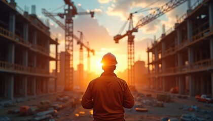 Construction worker on building site at sunset. Man in helmet watching project. Cranes, buildings in background. Engineer foreman on construction site, architecture industry. New real estate.