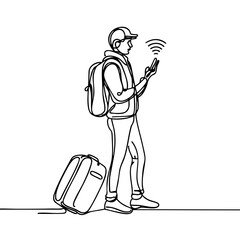Fototapeta premium Traveler using portable wifi, engaged with smartphone, standing next to suitcase, minimalist one-line drawing concept of connectivity and adventure.