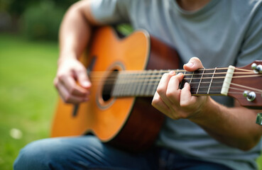 Fototapeta premium Young man plays acoustic guitar outdoors. Close-up on fingers strumming strings and fretting notes on fretboard. Musician enjoys hobby, creating melodies on wooden instrument in green park setting.