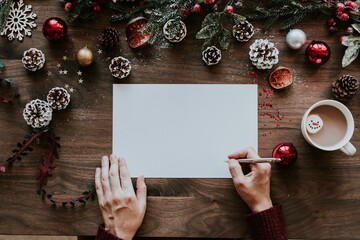 Festive scene with hands writing on paper surrounded by Christmas decorations. Holiday decor,...