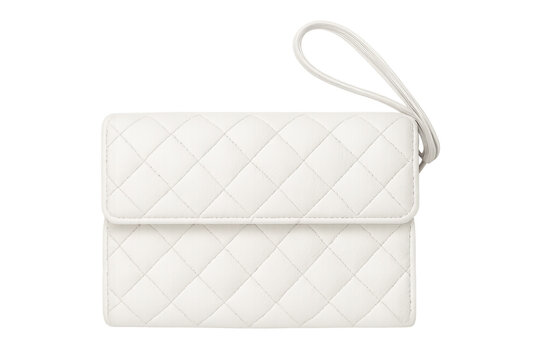 White quilted leather clutch purse with wrist strap