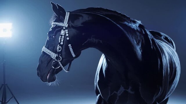 Cheval noir &eacute;clair&eacute; par un projecteur dans un studio moderne