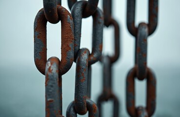 Fototapeta premium Close-up shot heavy rusty metal chains hanging vertically. Grey aged links with varying degrees of rust. Industrial background. Vintage detail, strong construction. Iron, steel material, strength.