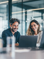 Fototapeta premium Two happy and diverse business professionals, man, woman, are smiling, collaborating while looking at laptop in office. The image conveys teamwork, success, positive communication, business solutions