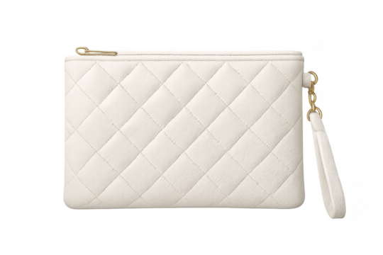 White quilted leather clutch bag with golden zipper