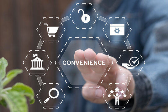 Person using virtual touch screen presses the word CONVENIENCE. Convenience Business Data Technology concept.