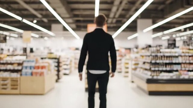 Rear View of a Man in a Suit Entering a Supermarket Through Glass Doors with Bright Overhead Lighting and Rows of Shelves Filled with Groceries