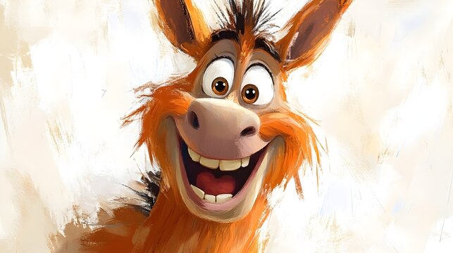 This vibrant, cartoonish image features a happy donkey with a huge grin, expressive eyes, and wild hair. The lively and sketchy brushstrokes bring this energetic character to life, adding texture and 