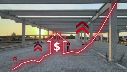 Engineer at construction site with rising prices graphic. Building costs and investment growth concept