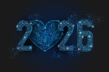 Abstract isolated blue image of new year number 2026. Polygonal low poly wireframe illustration looks like stars in the black night sky in space or flying glass shards. Digital web, internet design.