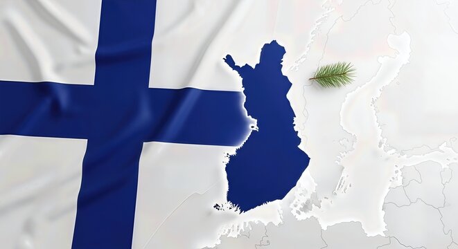 Finland flag map with green sprig, celebrating national day, promoting holiday greetings, banner, poster.