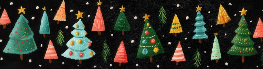 festive Christmas trees pattern with stars and snow on dark background, seamless horizontal border for holiday wrapping, greeting cards, winter decoration, packaging, print, textile and website design