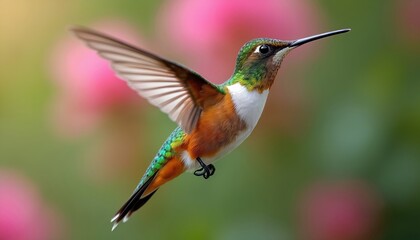 Close-up illustration of hummingbird in mid-flight, vibrant green, orange plumage. Delicate wings outstretched, feathers detailed. Blurred pink, green background suggests garden environment,