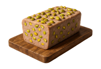 A pork pate terrine with pistachios, displayed on a wooden cutting board.