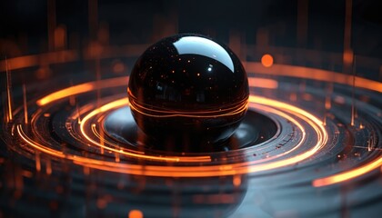 Fototapeta premium Dark orb with glowing orange lines, swirls creates abstract futuristic background. Modern elegant digital art texture with motion, speed, energy, contrast. Metallic smooth shiny ripple wave curve