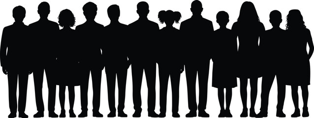 Group silhouette vector illustration, twelve people standing in a row, black figures, posture and clothing variation, unity and diversity theme