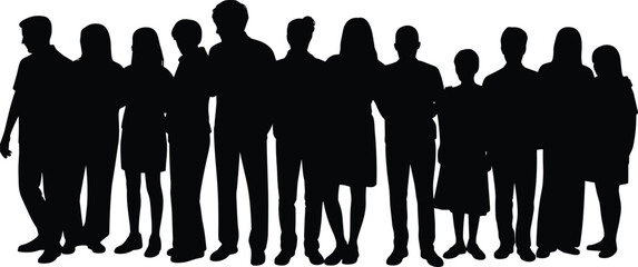 Group silhouette vector illustration, thirteen people standing in a row, black figures, posture and height variation, unity and diversity theme