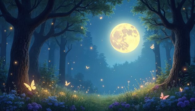 Moonlit forest scene with glowing fireflies and butterflies. Enchanted woods feature a full moon, mystical blue and green hues, and serene, dreamlike ambiance. Digital fantasy artwork.