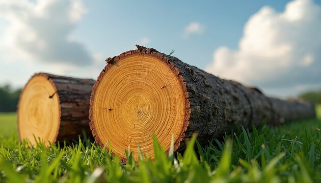 Meranti damar kuning log on green grass. Yellowish-brown color smooth cross-section, rough bark. Natural daylight, cloudy sky. Raw timber material for construction or woodworking projects.