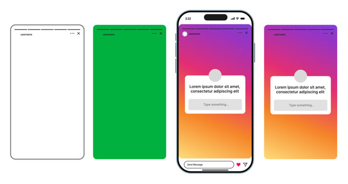 Instagram Story UI Mockup with Question Box, Polls, Stickers, GIFs, Hashtags, Mentions, Music, Countdown, Swipe Up, Filters, Text, Draw, Emojis, and Interactive Story Features