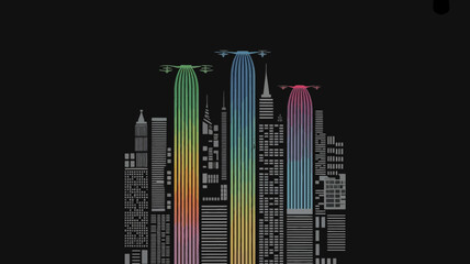 Vibrant abstract cityscape with rainbow colored towers against a stark black background