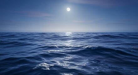 Serene Moonlit Ocean Scene with Calm Water and Bright Moon in Clear Night Sky