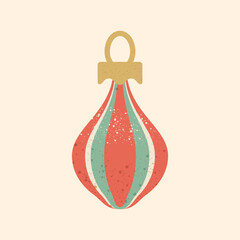 Vector illustration of a vintage Christmas ornament in teardrop shape with red and green stripes, golden cap and subtle retro texture on a beige background. Festive holiday decoration for Xmas design.