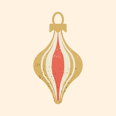 Vector illustration of a classic Christmas ornament with elegant vertical gold and cream stripes, golden cap, and retro texture on light background. Perfect festive element for holiday design projects