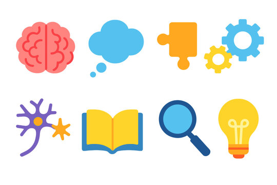 Mental Processes flat icons: brain, thought bubble, puzzle piece, gears, neuron spark, open book, magnifying glass, lightbulb idea.