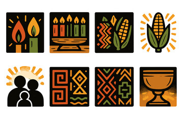 Kwanzaa Evening Light silhouette set: candle flames, kinara on table, unity cup beside, corn ears, African patterns, soft radiance, family gathering, cultural warmth. , , High