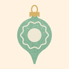 Vector illustration of round green Christmas ornament featuring detailed white snowflake and gold cap. Vintage festive decoration with subtle retro texture on beige background for holiday design