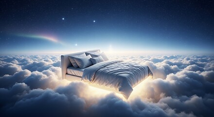 Dreamy Bed Floating in Cloud Sky Under Starry Night Sky with Aurora Borealis