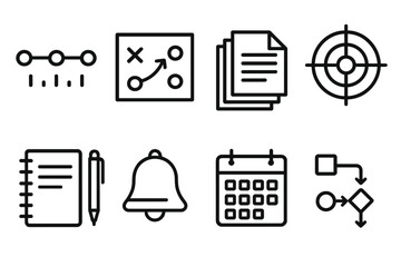 Efficient Planning outline icon set: timeline icon, strategy board, paper stack, focus target, pen and notebook, reminder bell, calendar grid, workflow path.