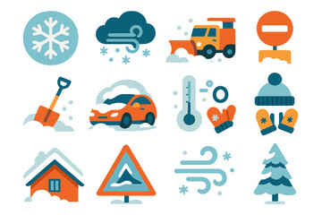 Fototapeta premium Snowstorms flat icons: snowflake, blizzard cloud, snowplow, road closure sign, shovel, car covered in snow, thermometer below zero, hat and mittens, house roof, icy road triangle,