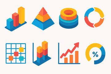 Isometric Chart Set flat icons: 3D bars, pyramid chart, layered pie, circular flow, data grid, stacked columns, rising trend, percentage arc.