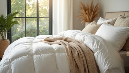 Naklejka na ściany i meble Fluffy white down comforter on bed with beige throw blanket, pillows. Soft, cosy bedding creates tranquil, dreamy atmosphere for ultimate relaxation, sleep. Minimalist, elegant home decor with Naklejka na ściany i meble Fluffy white down comforter on bed with beige throw blanket, pillows. Soft, cosy bedding creates tranquil, dreamy atmosphere for ultimate relaxation, sleep. Minimalist, elegant home decor with