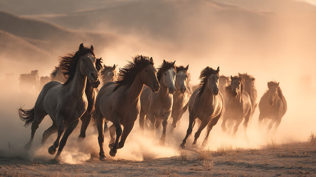 Action-packed wildlife photograph showing a large herd of wild horses racing across dusty plains with flying manes, powerful strides, and glowing sunset motion blur.