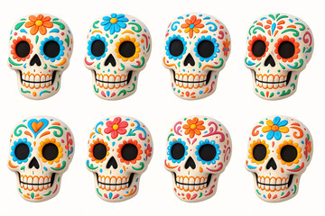 Colorful sugar skulls illustration with vibrant floral patterns for day of the dead celebration and festive decor concept, SET