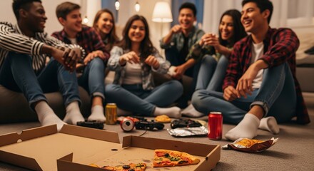 Group of young friends enjoying a fun pizza party with video games and snacks at home. concept of friendship, leisure time, social gathering