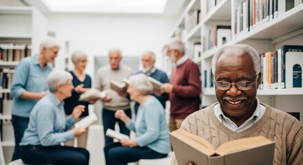 Elderly african american man reading a book in a lively library with a diverse group of senior citizens engaging in discussion. concept of lifelong learning, social interaction, community.