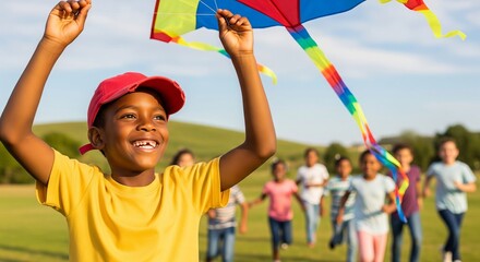 Happy african american boy flying colorful kite in sunny park with diverse group of children running in background. concept of outdoor play, childhood joy, friendship