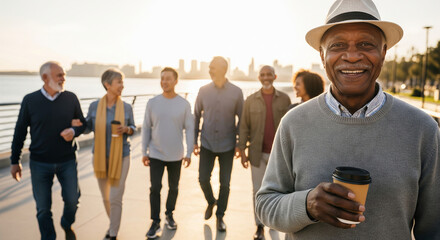 Smiling african american man enjoying coffee with friends on riverside walkway at sunset. concept of friendship, outdoor leisure, urban lifestyle
