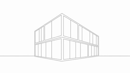 Modern architectural sketch of a minimalist two story building with large glass windows and clean lines