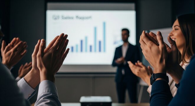 Team applauding presentation with business growth graph in professional office setting. concept of success, corporate meeting, workplace achievement