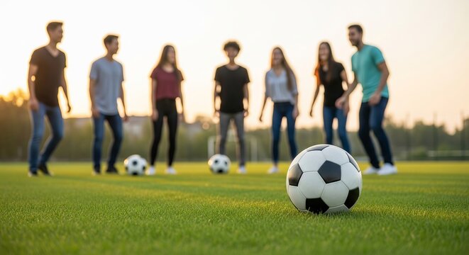 Group of diverse young adults playing soccer in open park field during sunset. concept of team sports, recreation, outdoor activity