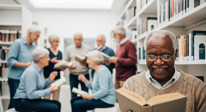 Elderly african american man reading a book in a lively library with a diverse group of senior citizens engaging in discussion. concept of lifelong learning, social interaction, community.