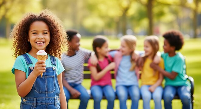 Smiling african american girl enjoying ice cream cone in park with friends on a sunny day. concept of friendship, outdoor play, childhood memories - Powered by Adobe
