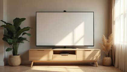 Empty white flat screen monitor display in cozy house interior. Modern LCD television on wooden stand. Large blank panel perfect for presentation, advertising, home media setup. Natural light from