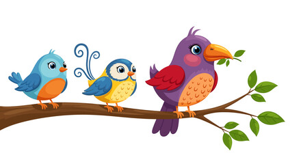 Obraz premium Three charming cartoon birds perched on a branch, with the largest carrying a leafy twig in its beak, perfect for whimsical projects.