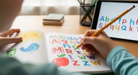 Young caucasian boy learning alphabet and drawing in a coloring book indoors. concept of education, art skills, creative activity, childhood learning